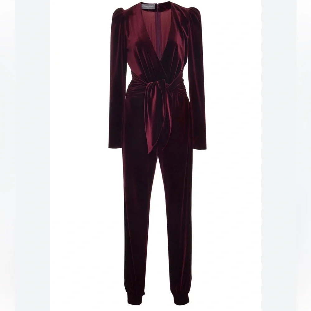 Monique Lhuillier Collection Merlot Soft Velvet Tapered Jumpsuit